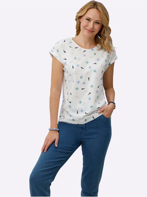 T-shirt à encolure ronde avec imprimé marin coquillages - Taille standard - Moda Vilona - Kiabi