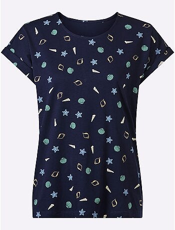 T-shirt à encolure ronde avec imprimé marin et mancherons - Taille standard - Moda Vilona