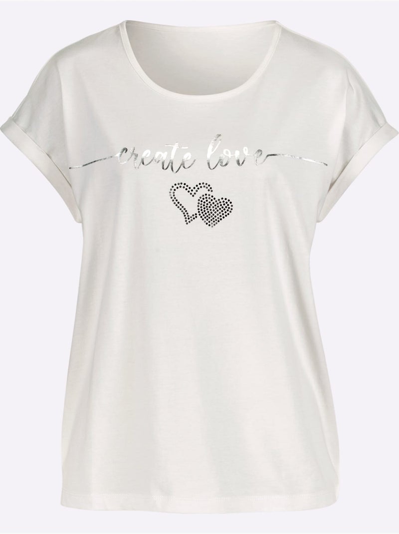 T-shirt à encolure ronde avec mancherons et imprimé cœur - Taille standard - Moda Vilona Ecru - Kiabi