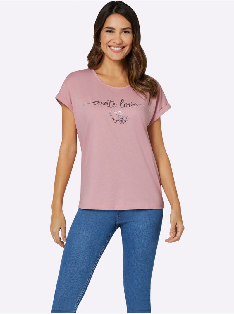 T-shirt à encolure ronde avec mancherons et imprimé cœur - Taille standard - Moda Vilona Rose - Kiabi