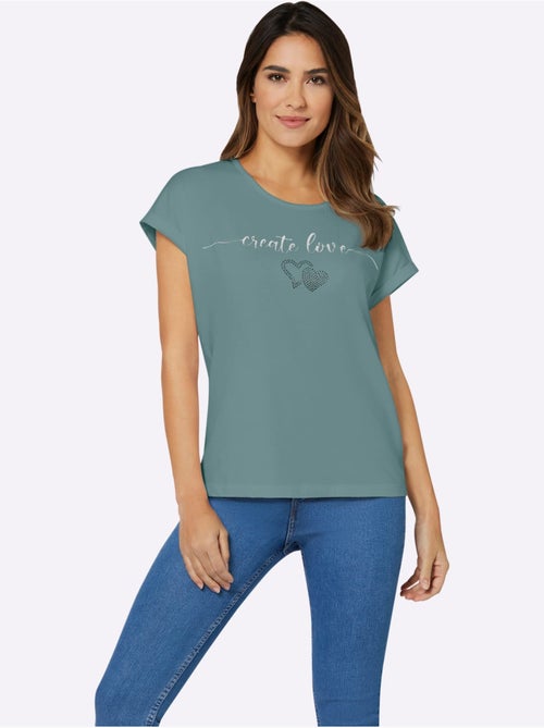 T-shirt à encolure ronde avec mancherons et imprimé cœur argenté - Taille standard - Moda Vilona - Kiabi T-shirt à encolure ronde avec mancherons et imprimé cœur argenté - Taille standard - Moda Vilona - Kiabi
