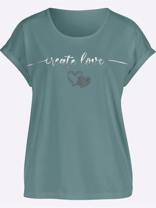 T-shirt à encolure ronde avec mancherons et imprimé cœur argenté - Taille standard - Moda Vilona - Kiabi T-shirt à encolure ronde avec mancherons et imprimé cœur argenté - Taille standard - Moda Vilona - Kiabi