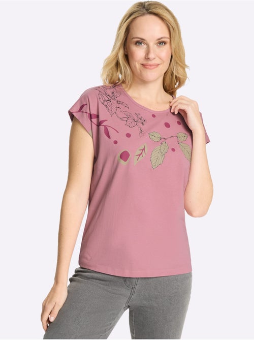T-shirt à encolure ronde avec mancherons et imprimé feuillage - Taille standard - Moda Vilona - Kiabi