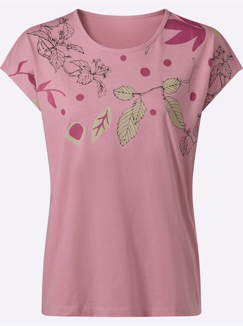 T-shirt à encolure ronde avec mancherons et imprimé feuillage - Taille standard - Moda Vilona - Kiabi