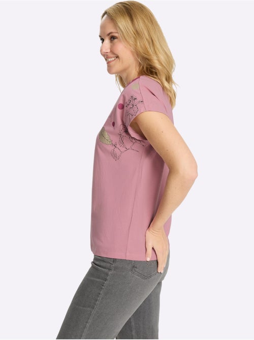 T-shirt à encolure ronde avec mancherons et imprimé feuillage - Taille standard - Moda Vilona - Kiabi