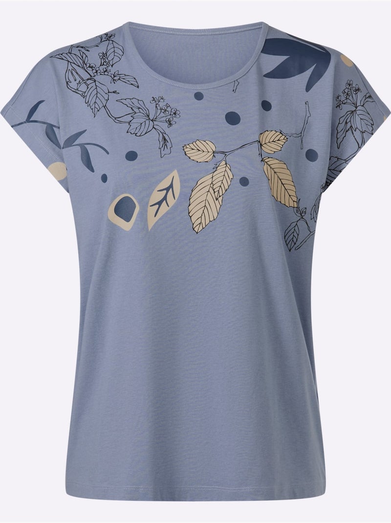 T-shirt à encolure ronde avec mancherons et imprimé feuilles - Taille standard - Moda Vilona Bleu - Kiabi