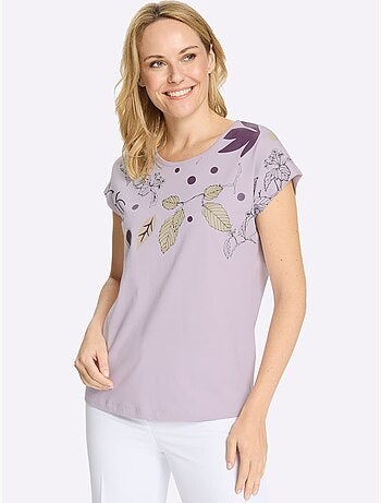 T-shirt à encolure ronde avec mancherons et imprimé feuilles - Taille standard - Moda Vilona