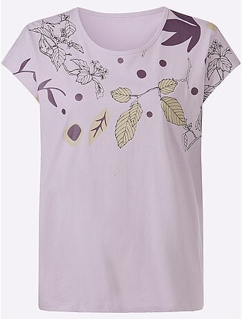 T-shirt à encolure ronde avec mancherons et imprimé feuilles - Taille standard - Moda Vilona