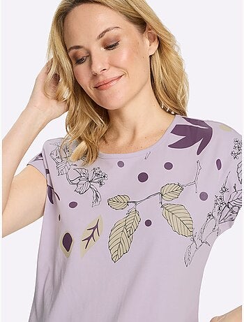 T-shirt à encolure ronde avec mancherons et imprimé feuilles - Taille standard - Moda Vilona
