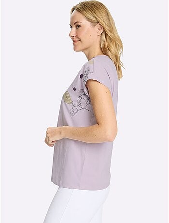 T-shirt à encolure ronde avec mancherons et imprimé feuilles - Taille standard - Moda Vilona