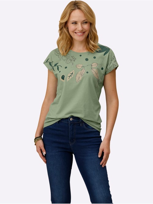 T-shirt à encolure ronde avec mancherons et motifs feuilles - Taille standard - Moda Vilona - Kiabi T-shirt à encolure ronde avec mancherons et motifs feuilles - Taille standard - Moda Vilona - Kiabi