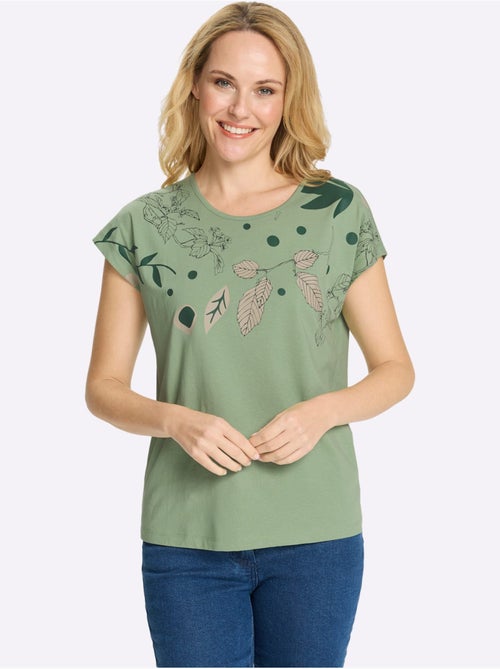 T-shirt à encolure ronde avec mancherons et motifs feuilles - Taille standard - Moda Vilona - Kiabi T-shirt à encolure ronde avec mancherons et motifs feuilles - Taille standard - Moda Vilona - Kiabi