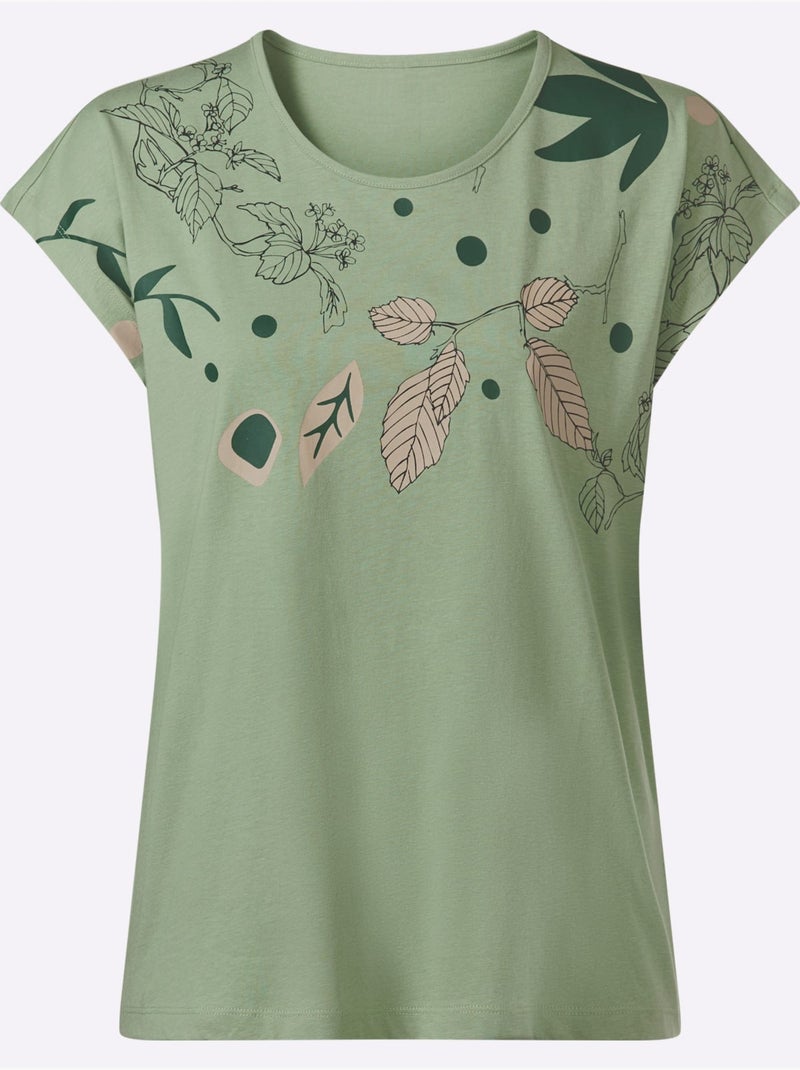 T-shirt à encolure ronde avec mancherons et motifs feuilles - Taille standard - Moda Vilona Vert eucalyptus - Kiabi