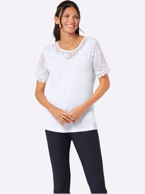 T-shirt à encolure ronde avec manches courtes en dentelle - Taille standard - Moda Vilona - Kiabi