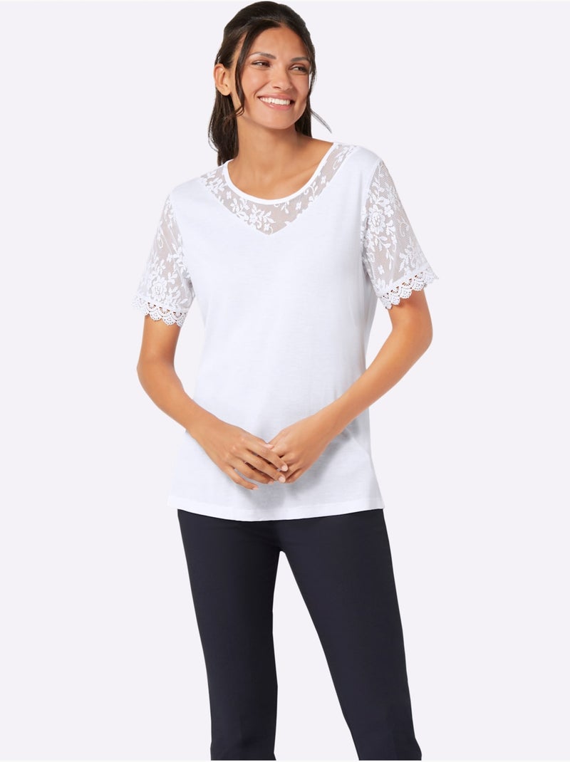 T-shirt à encolure ronde avec manches courtes en dentelle - Taille standard - Moda Vilona Blanc - Kiabi