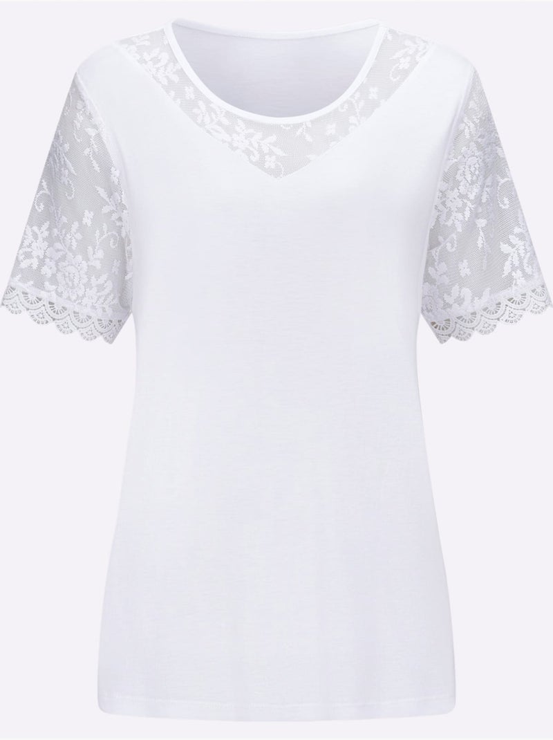 T-shirt à encolure ronde avec manches courtes en dentelle - Taille standard - Moda Vilona Blanc - Kiabi