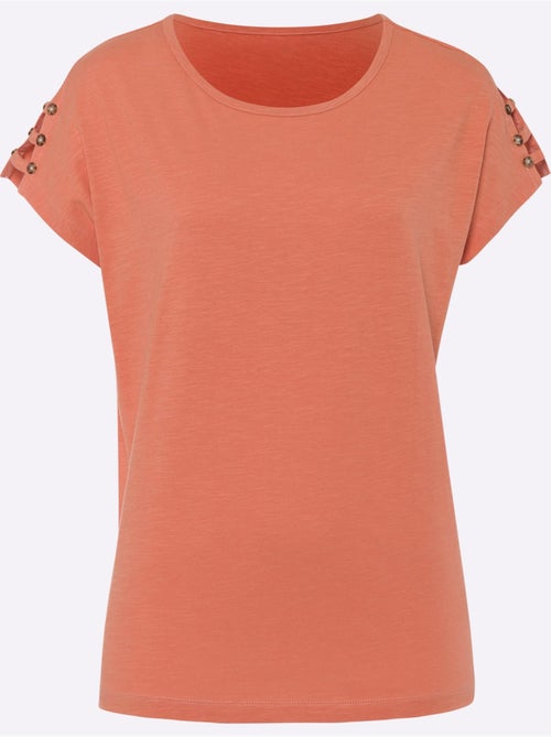 T-shirt à encolure ronde avec manches courtes et rubans décoratifs - Taille standard - Moda Vilona - Kiabi