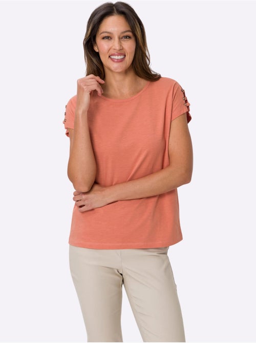 T-shirt à encolure ronde avec manches courtes et rubans décoratifs - Taille standard - Moda Vilona - Kiabi