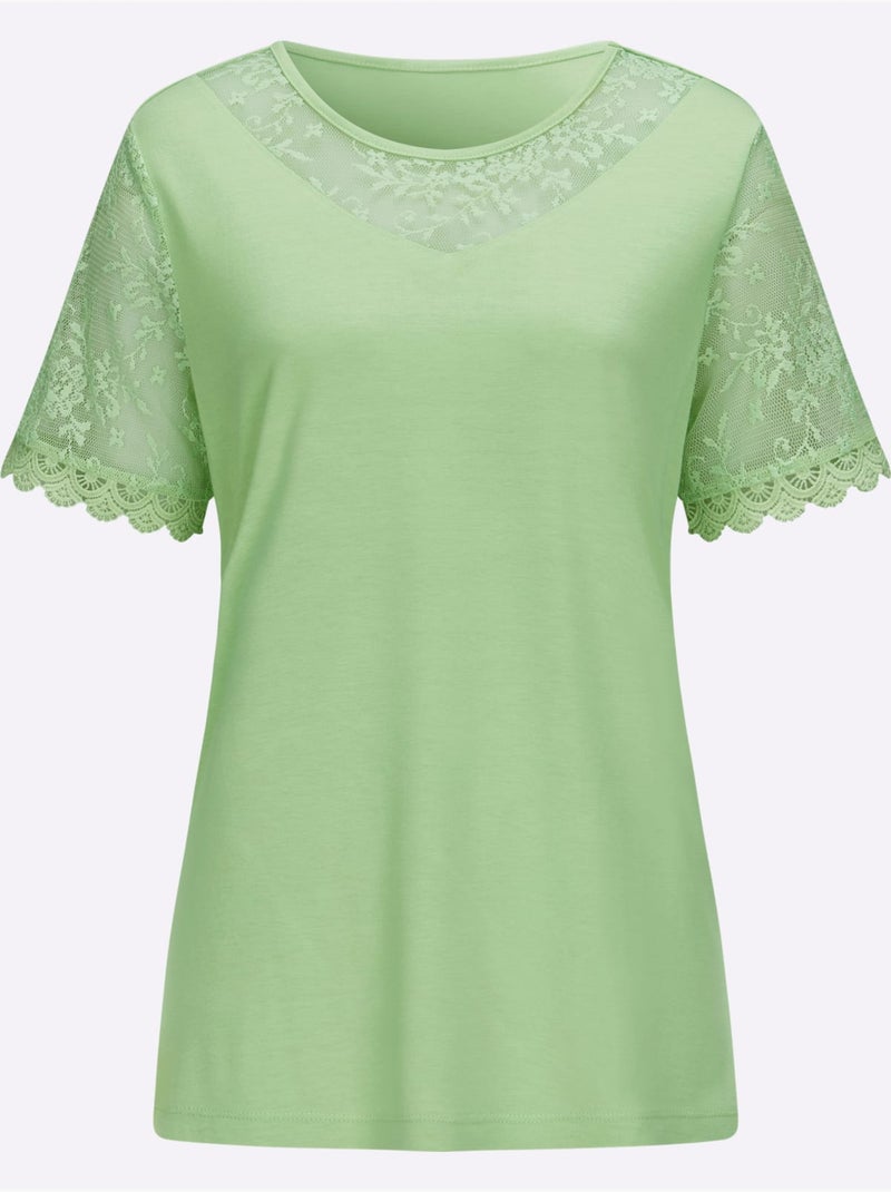 T-shirt à encolure ronde avec manches en dentelle - taille standard - moda vilona Gris Vert clair - Kiabi