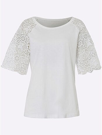 T-shirt à encolure ronde avec manches en dentelle transparente - Taille standard - Helline