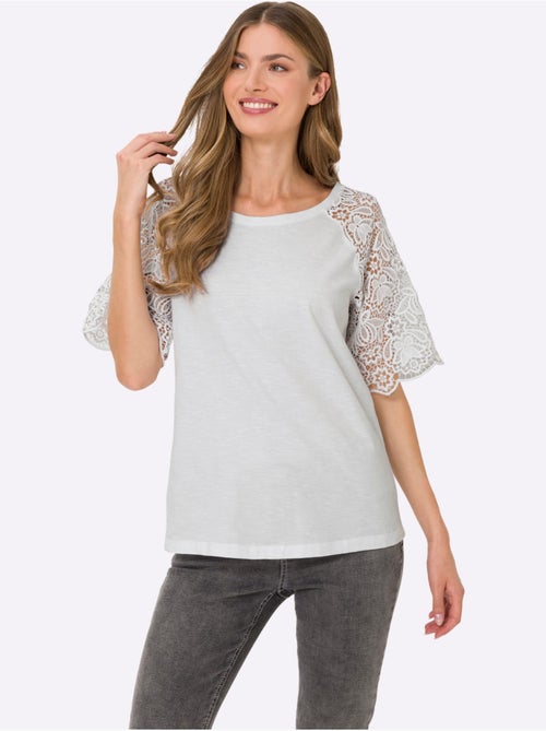 T-shirt à encolure ronde avec manches en dentelle transparente - Taille standard - Helline - Kiabi