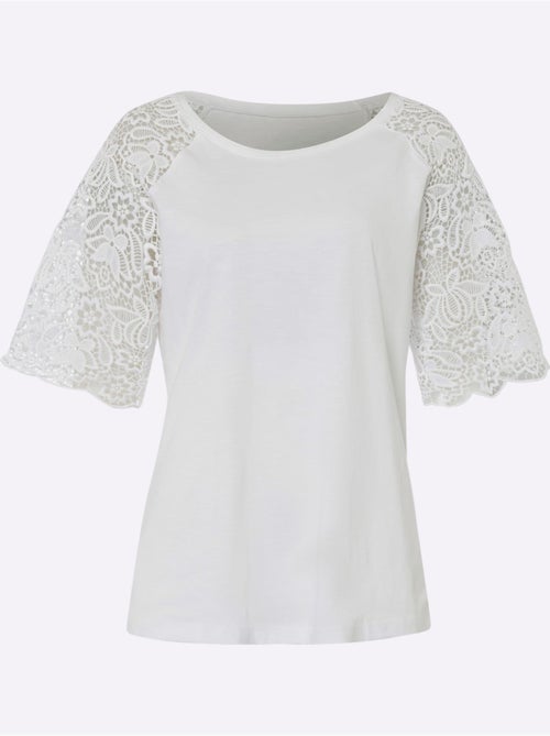 T-shirt à encolure ronde avec manches en dentelle transparente - Taille standard - Helline - Kiabi