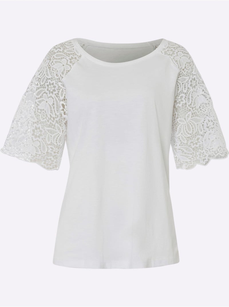 T-shirt à encolure ronde avec manches en dentelle transparente - Taille standard - Helline Blanc - Kiabi