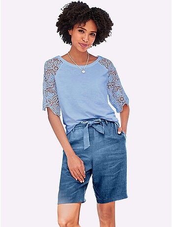 T-shirt à encolure ronde avec manches en dentelle transparente - taille standard - helline