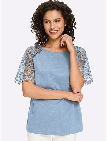 T-shirt à encolure ronde avec manches en dentelle transparente - taille standard - helline