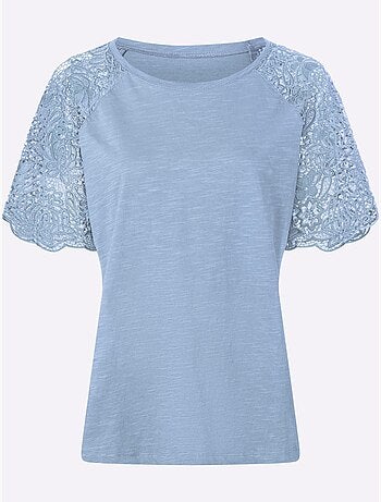 T-shirt à encolure ronde avec manches en dentelle transparente - taille standard - helline