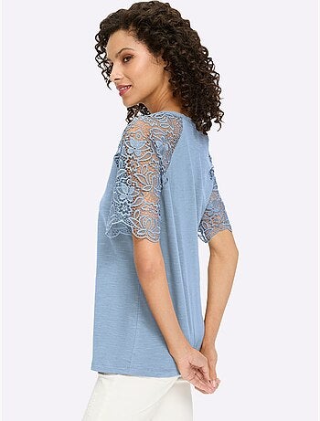 T-shirt à encolure ronde avec manches en dentelle transparente - taille standard - helline