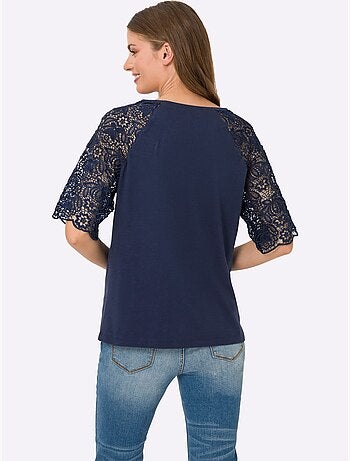 T-shirt à encolure ronde avec manches en dentelle transparente - Taille standard - Helline