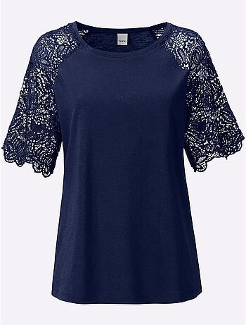 T-shirt à encolure ronde avec manches en dentelle transparente - Taille standard - Helline