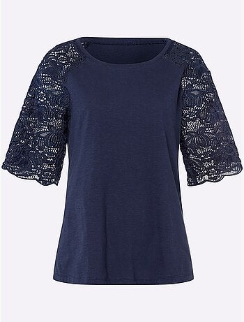 T-shirt à encolure ronde avec manches en dentelle transparente - Taille standard - Helline