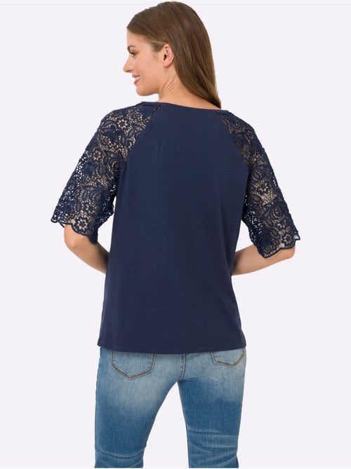 T-shirt à encolure ronde avec manches en dentelle transparente - Taille standard - Helline - Kiabi