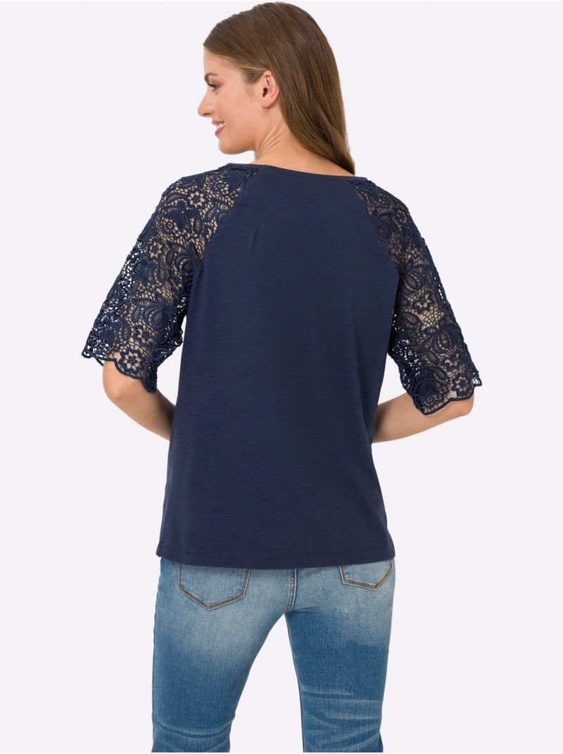 T-shirt à encolure ronde avec manches en dentelle transparente - Taille standard - Helline Bleu marine - Kiabi