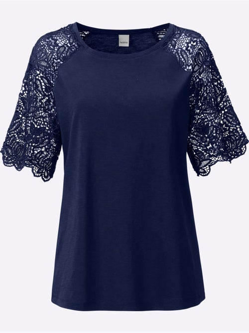 T-shirt à encolure ronde avec manches en dentelle transparente - Taille standard - Helline - Kiabi