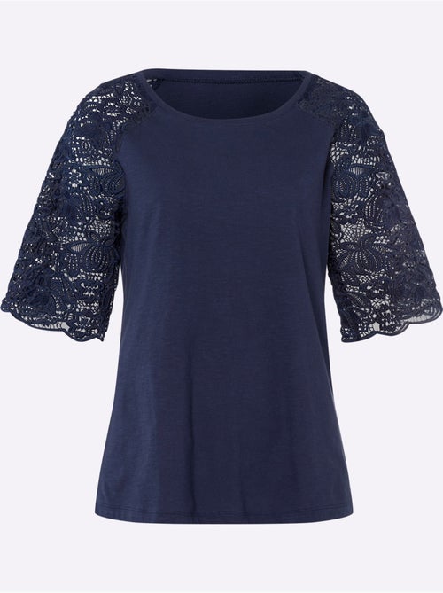 T-shirt à encolure ronde avec manches en dentelle transparente - Taille standard - Helline - Kiabi