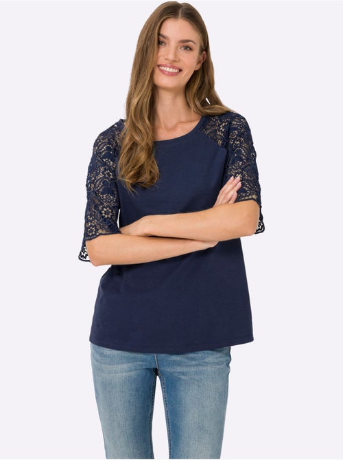 T-shirt à encolure ronde avec manches en dentelle transparente - Taille standard - Helline - Kiabi