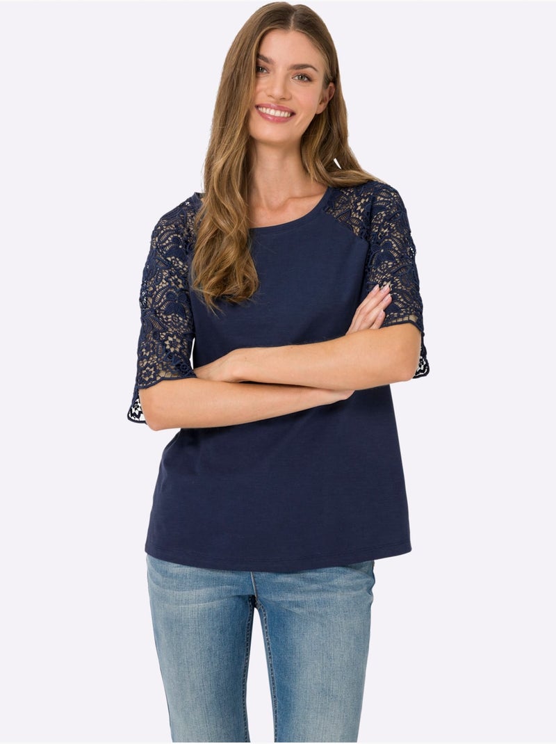 T-shirt à encolure ronde avec manches en dentelle transparente - Taille standard - Helline Bleu marine - Kiabi