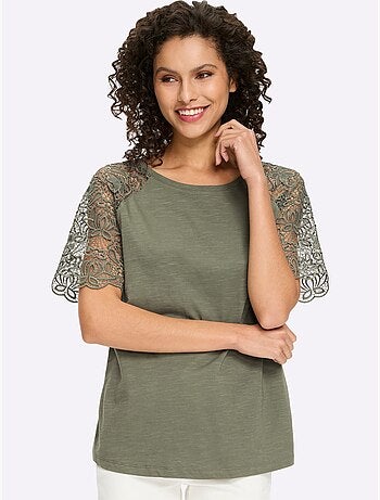 T-shirt à encolure ronde avec manches en dentelle transparente - taille standard - helline