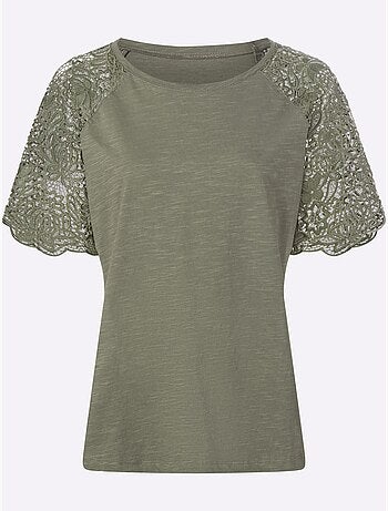 T-shirt à encolure ronde avec manches en dentelle transparente - taille standard - helline
