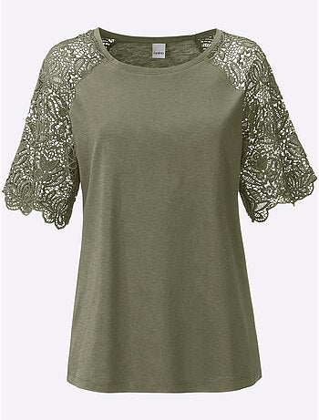 T-shirt à encolure ronde avec manches en dentelle transparente - taille standard - helline