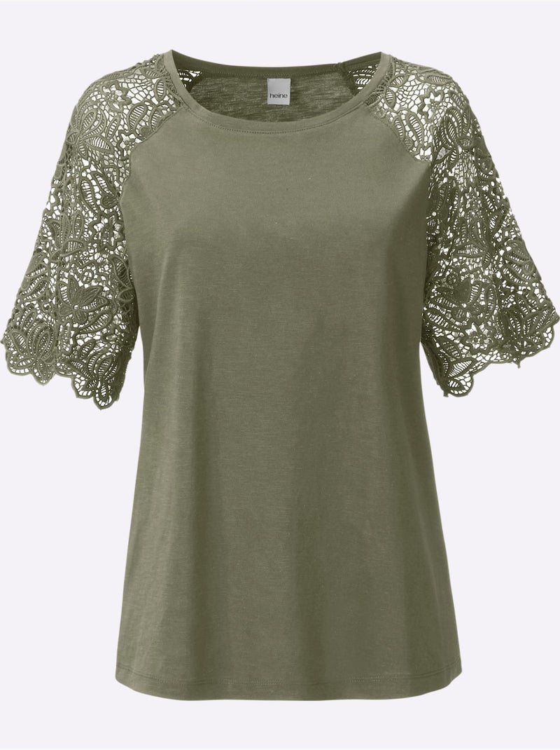 T-shirt à encolure ronde avec manches en dentelle transparente - taille standard - helline Kaki - Kiabi