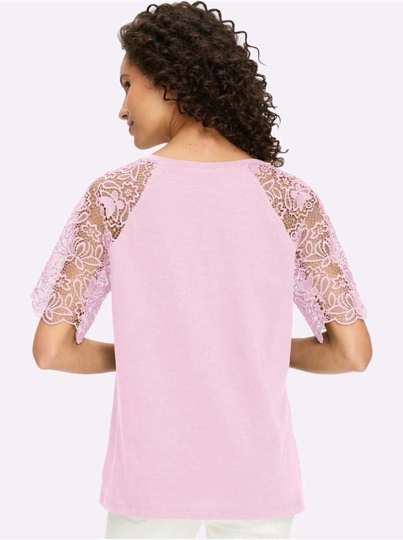 T-shirt à encolure ronde avec manches en dentelle transparente - taille standard - helline Rose clair - Kiabi