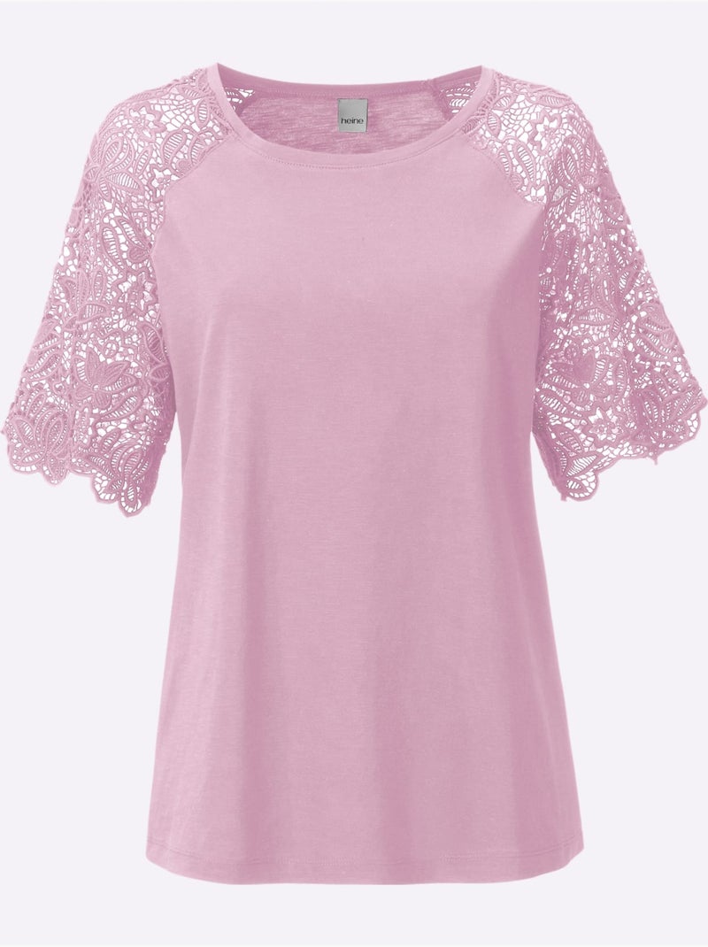 T-shirt à encolure ronde avec manches en dentelle transparente - taille standard - helline Rose clair - Kiabi
