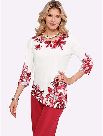 T-shirt à encolure ronde avec motif floral en bas et manches 3/4 - Taille standard - Moda Vilona