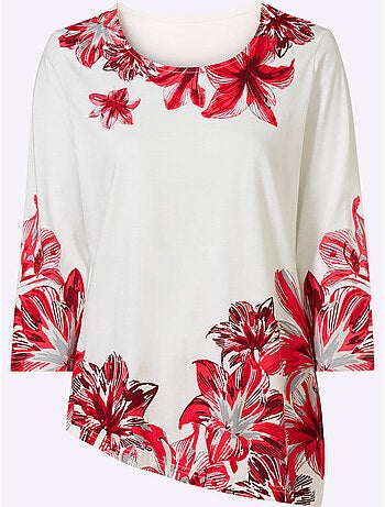 T-shirt à encolure ronde avec motif floral en bas et manches 3/4 - Taille standard - Moda Vilona