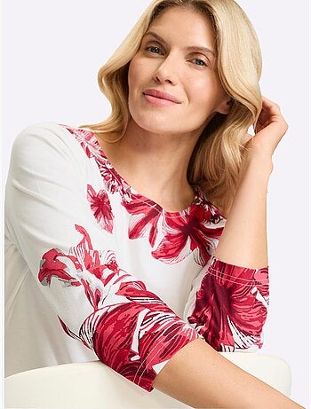 T-shirt à encolure ronde avec motif floral en bas et manches 3/4 - Taille standard - Moda Vilona