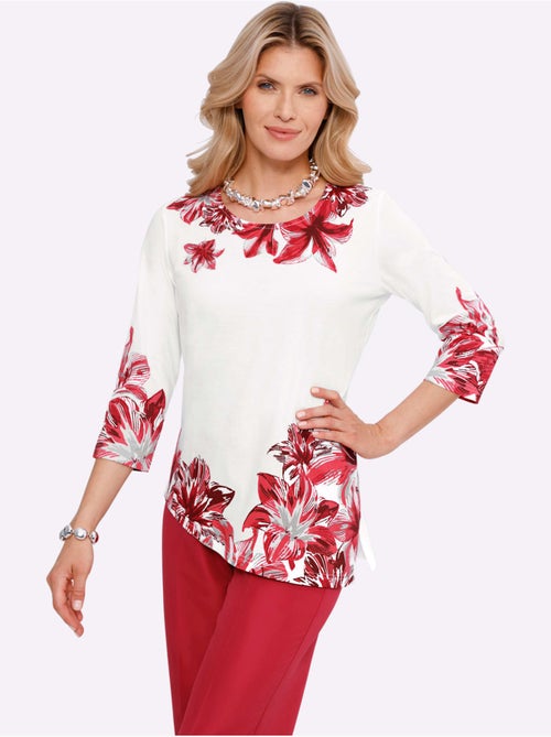 T-shirt à encolure ronde avec motif floral en bas et manches 3/4 - Taille standard - Moda Vilona - Kiabi T-shirt à encolure ronde avec motif floral en bas et manches 3/4 - Taille standard - Moda Vilona - Kiabi